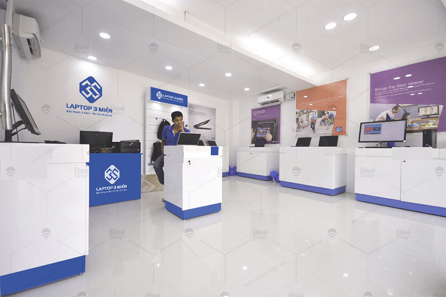 Mẫu thiết kế logo thương hiệu laptop 3 miền trên phối cảnh showroom