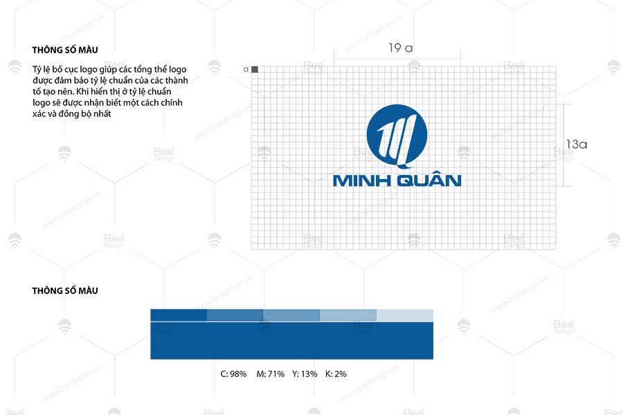Thông số màu và lưới kỹ thuật trong thiết kế logo công ty bất động sản Minh Quân